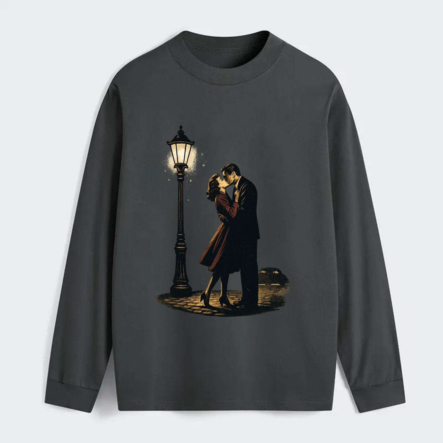 first kiss under vintage street lamp on cobblestone at night - Classic Long Sleeve Shirt - Gray