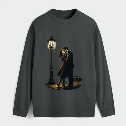 first kiss under vintage street lamp on cobblestone at night - Classic Long Sleeve Shirt - Gray