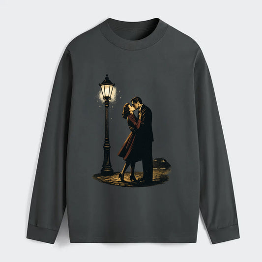 first kiss under vintage street lamp on cobblestone at night - Classic Long Sleeve Shirt - Gray