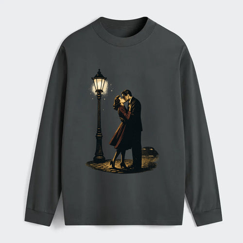 first kiss under vintage street lamp on cobblestone at night - Classic Long Sleeve Shirt