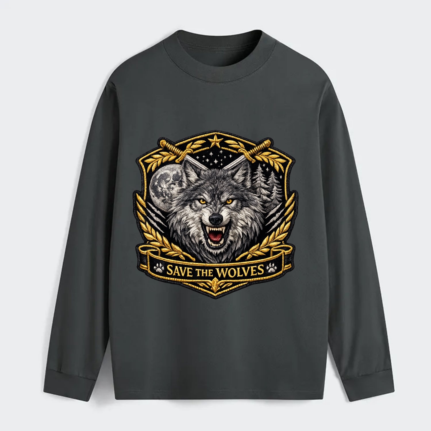 SAVE THE WOLVES - wolf moon in gray , predator protection - Classic Long Sleeve Shirt - Gray