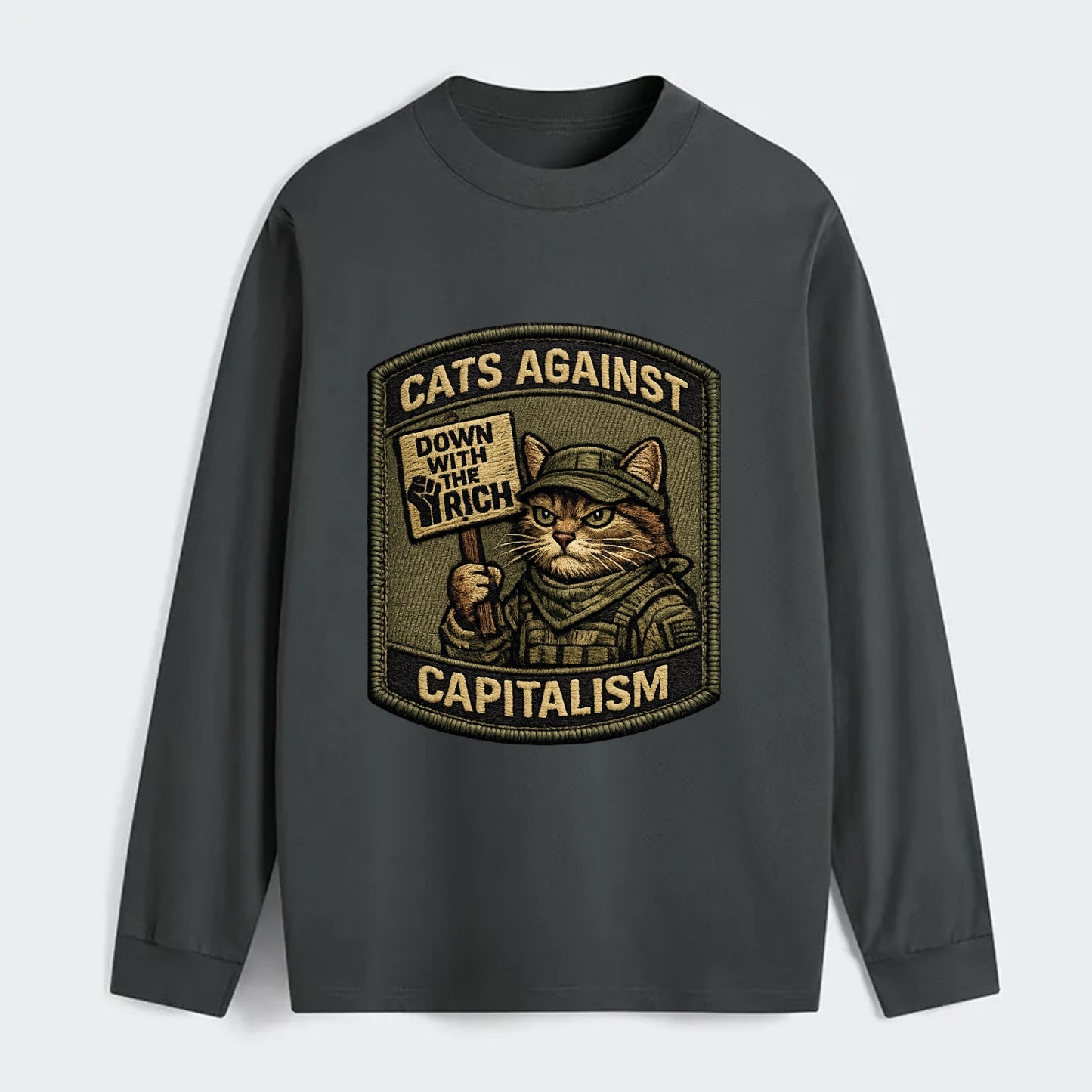 CATS AGAINST CAPITALISM - cat with protest sign in red , political cat - Classic Long Sleeve Shirt - Gray