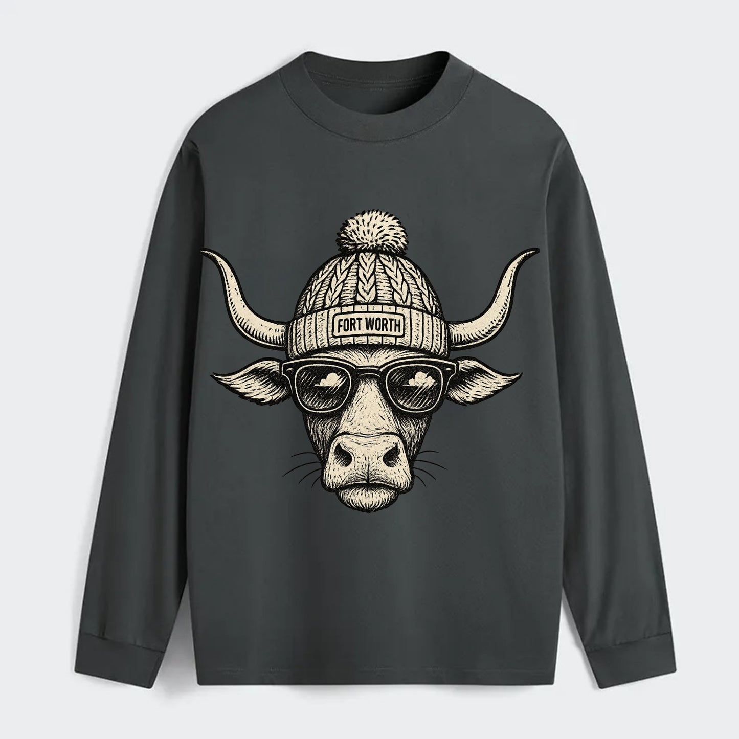 Fort Worth Longhorn wearing Fort Worth beanie with pom pom and wayfarer - Classic Long Sleeve Shirt - Gray