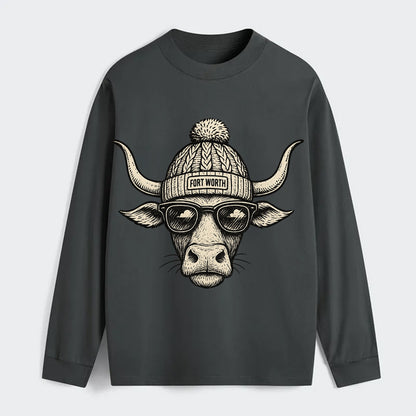 Fort Worth Longhorn wearing Fort Worth beanie with pom pom and wayfarer - Classic Long Sleeve Shirt - Gray