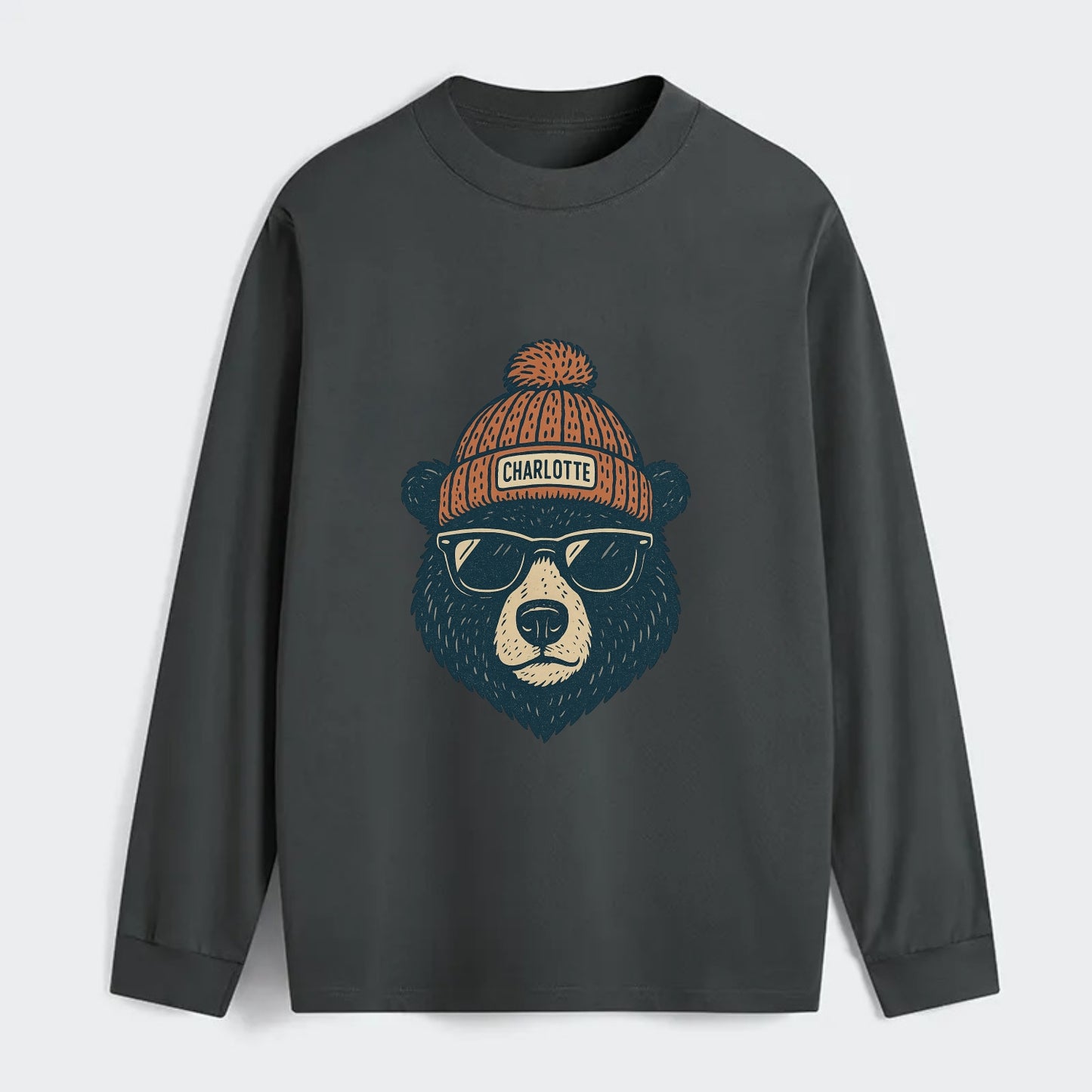 North Carolina Black Bear wearing Charlotte beanie with pom pom and - Classic Long Sleeve Shirt - Gray