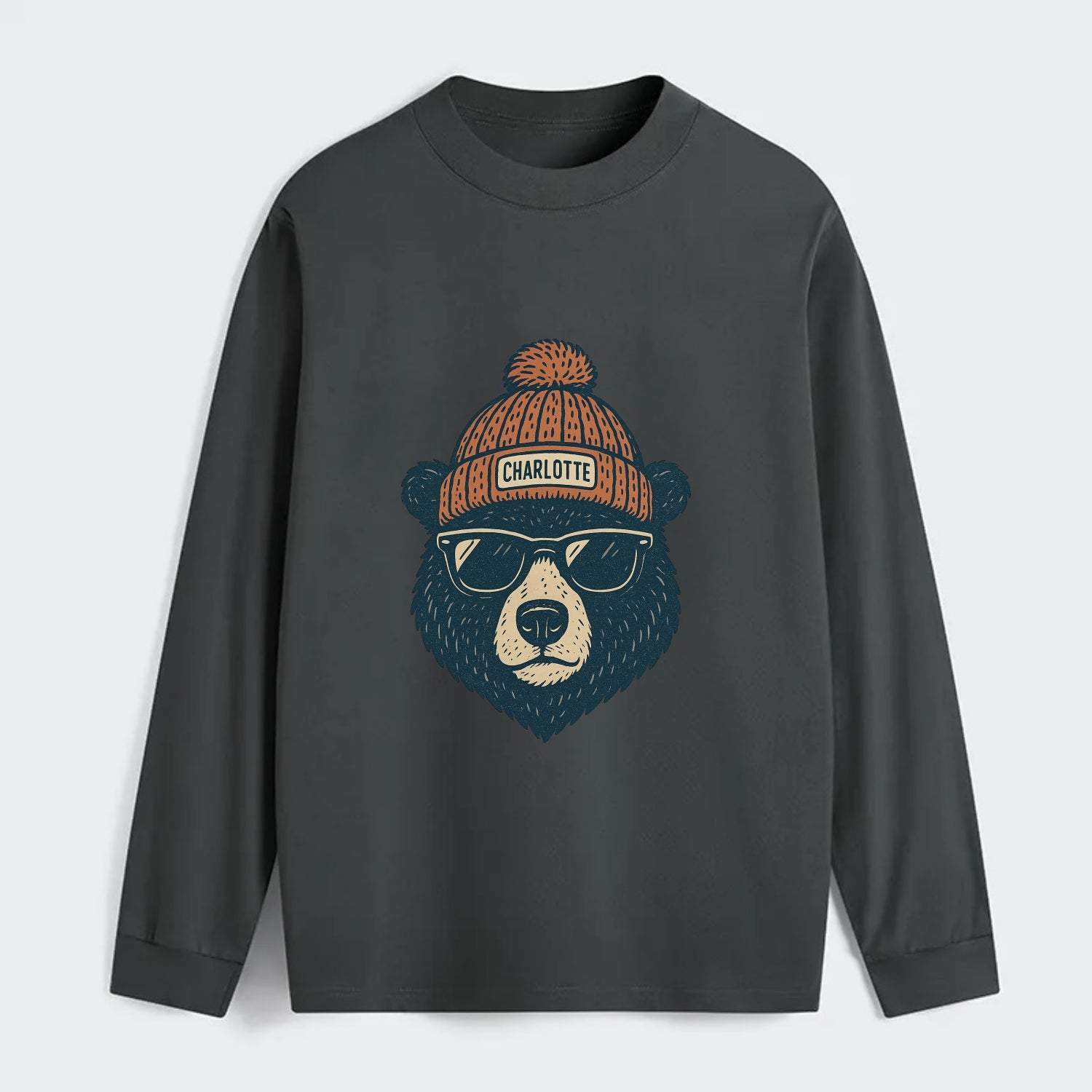 North Carolina Black Bear wearing Charlotte beanie with pom pom and - Classic Long Sleeve Shirt - Gray