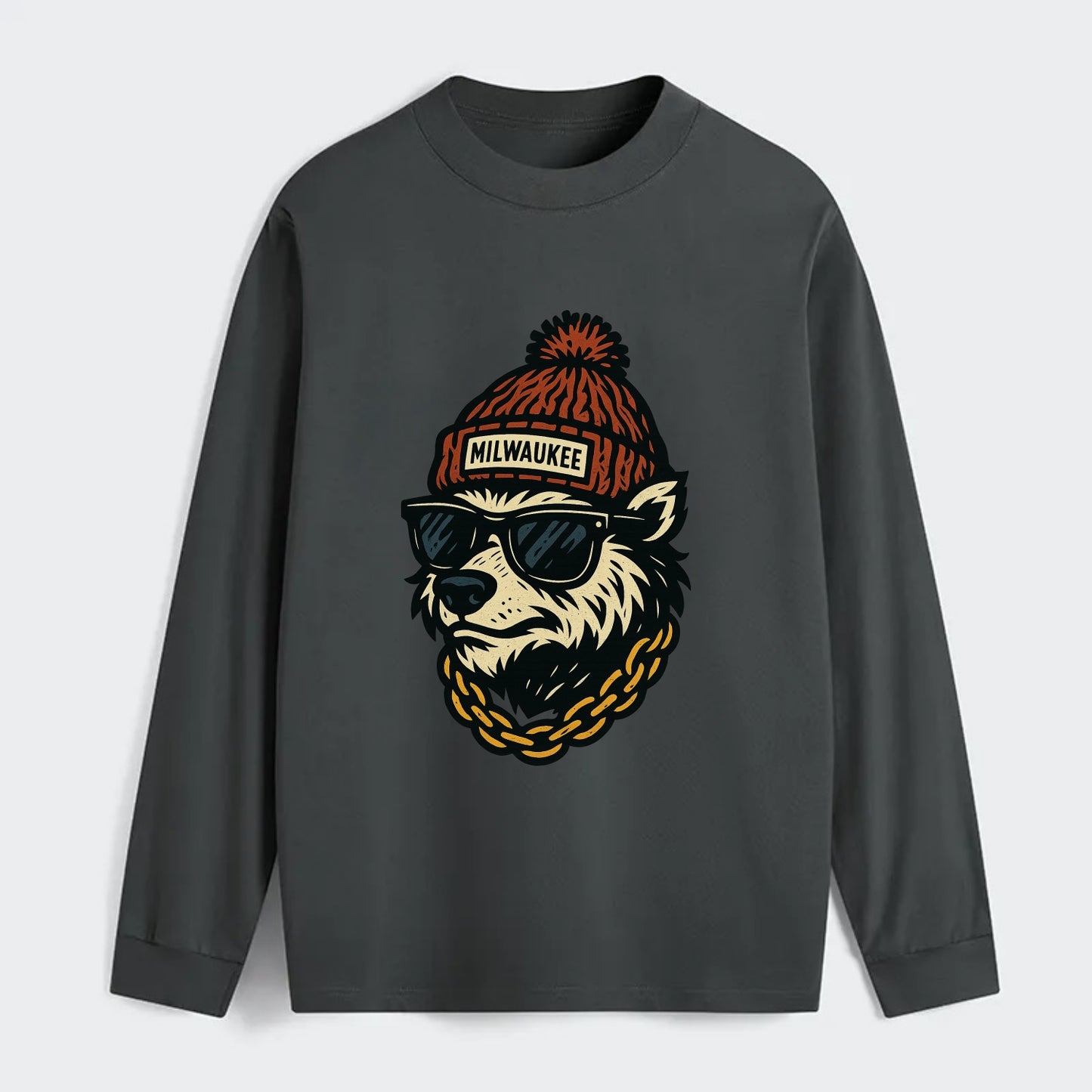 Milwaukee Badger wearing Milwaukee beanie with pom pom and wayfarer - Classic Long Sleeve Shirt - Gray