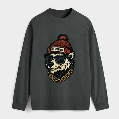 Milwaukee Badger wearing Milwaukee beanie with pom pom and wayfarer - Classic Long Sleeve Shirt - Gray
