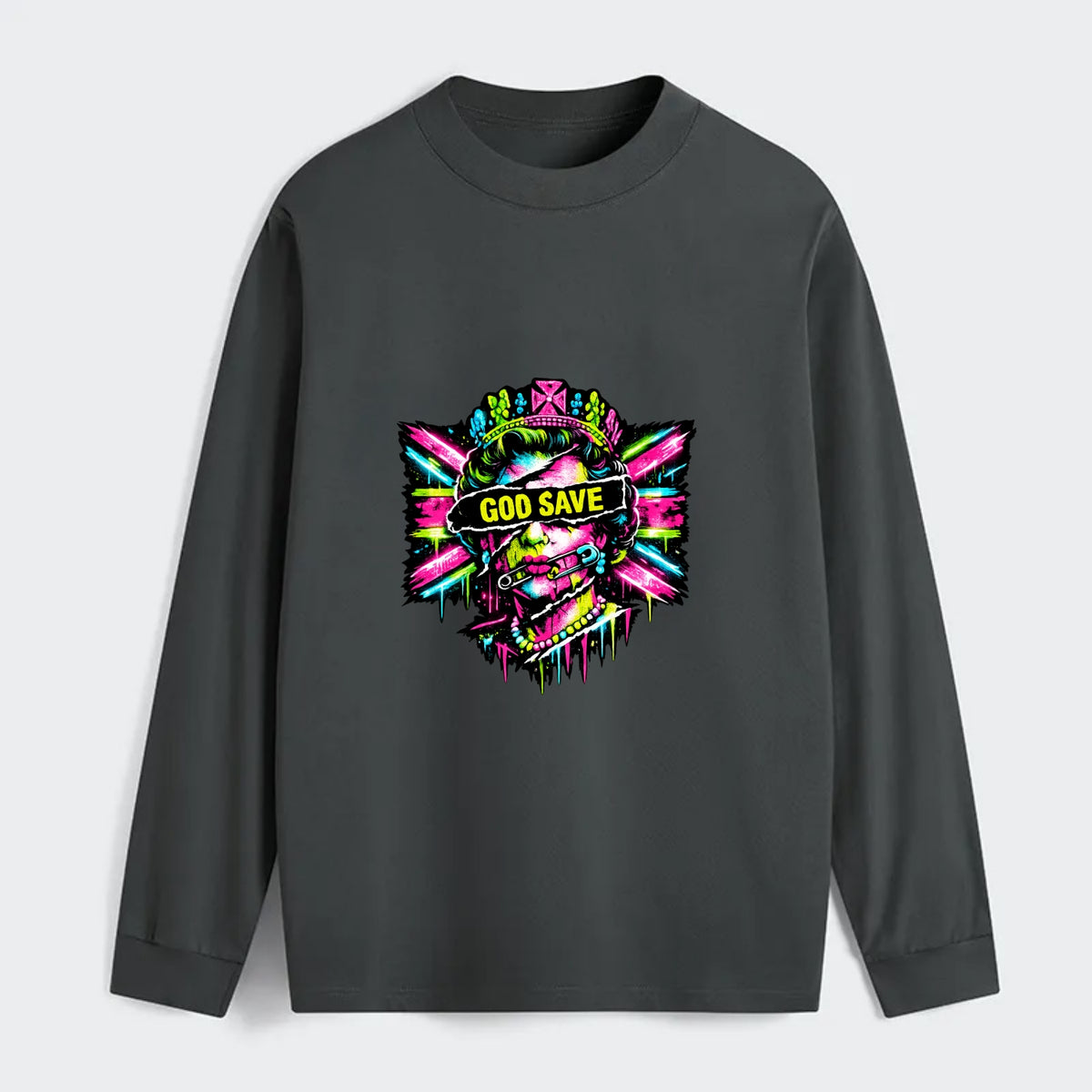 GOD SAVE | Torn royal portrait style | Blackout bar across eyes | - Classic Long Sleeve Shirt - Gray