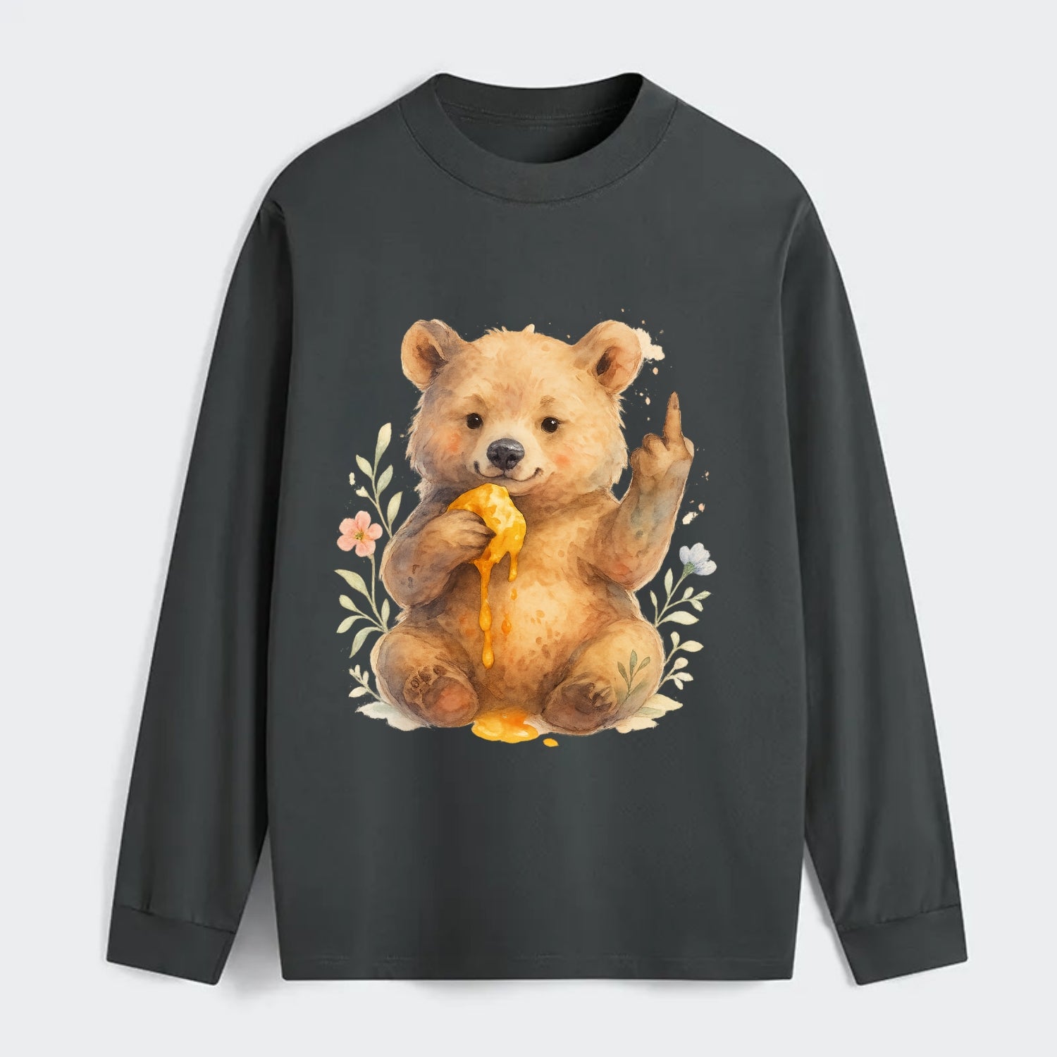 chubby bear cub eating dripping honey, sticky paw up with middle finger - Classic Long Sleeve Shirt - Gray