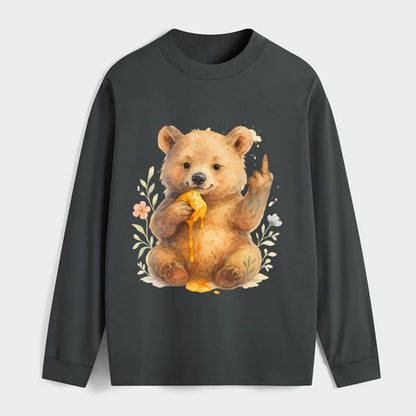 chubby bear cub eating dripping honey, sticky paw up with middle finger - Classic Long Sleeve Shirt - Gray