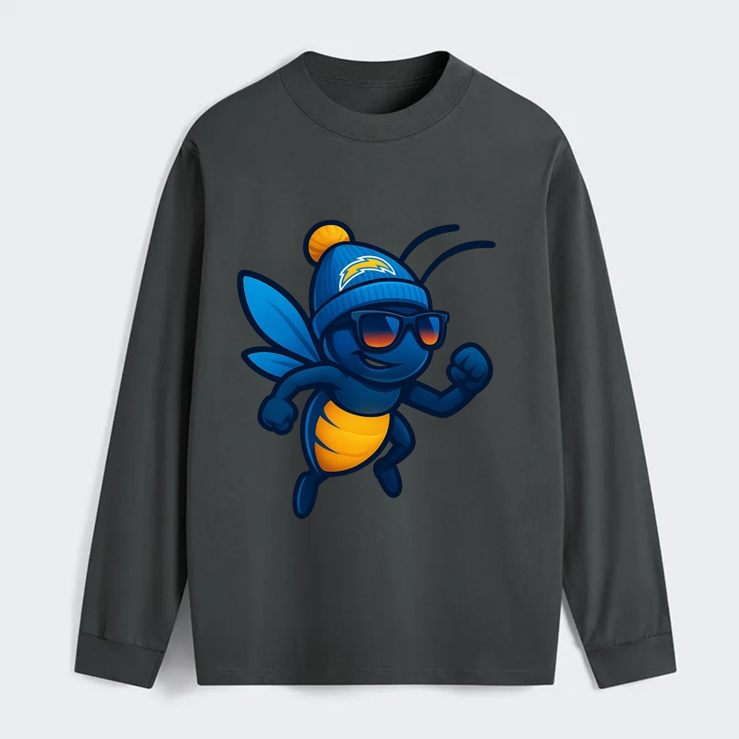 LA Lightning Bug wearing Chargers powder blue and gold beanie with pom - Classic Long Sleeve Shirt - Gray