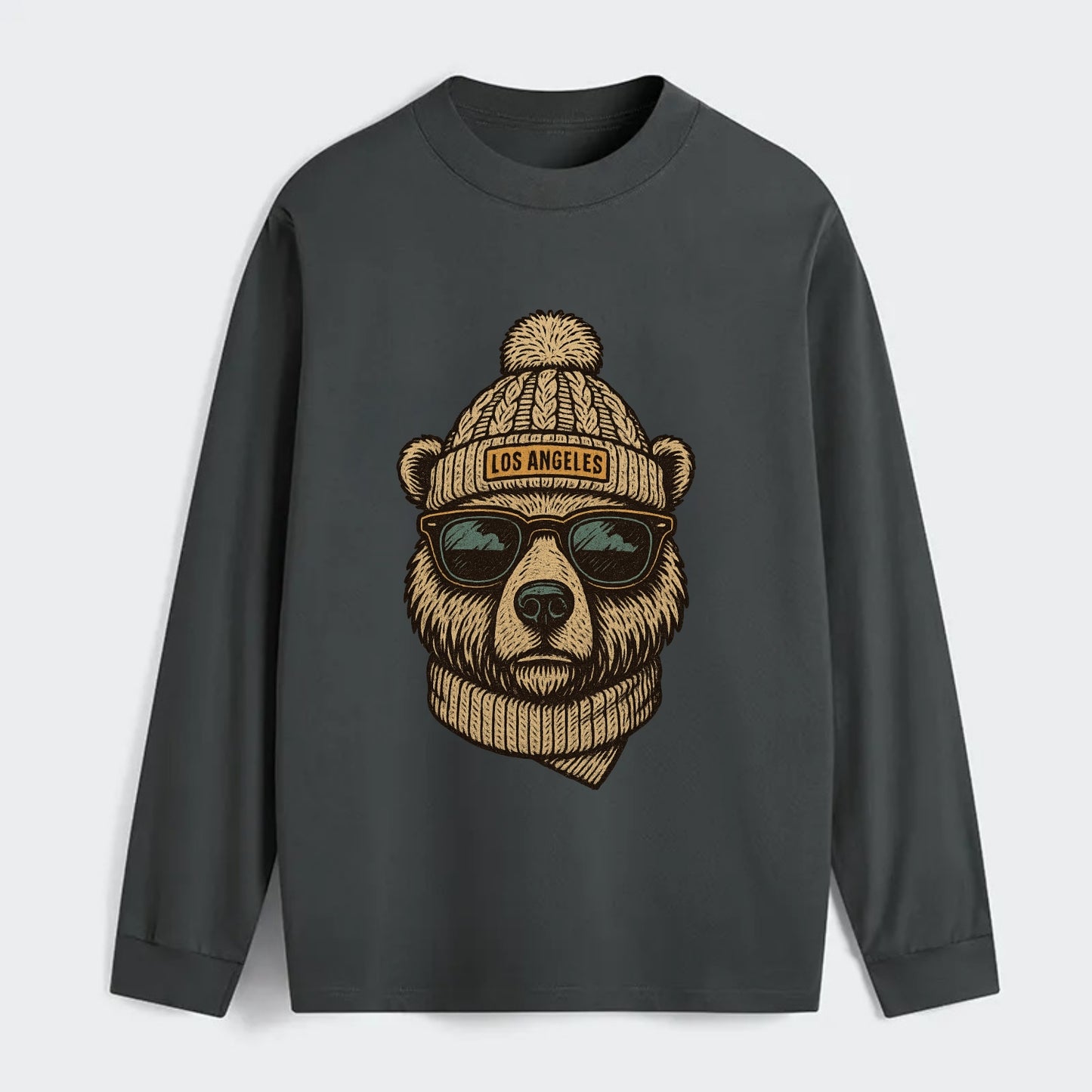 California Grizzly Bear wearing Los Angeles beanie with pom pom and - Classic Long Sleeve Shirt - Gray