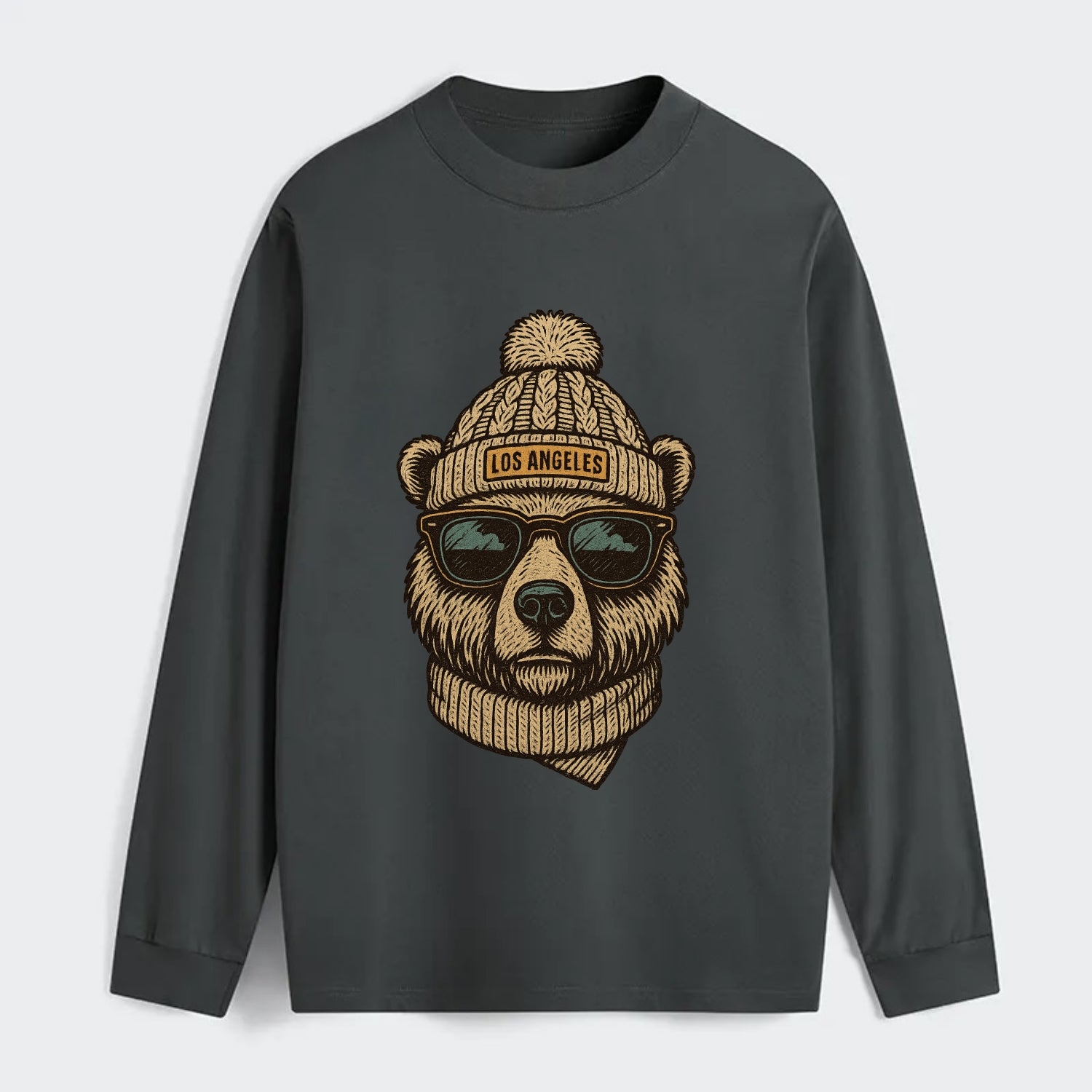 California Grizzly Bear wearing Los Angeles beanie with pom pom and - Classic Long Sleeve Shirt - Gray