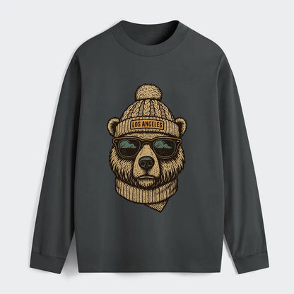 California Grizzly Bear wearing Los Angeles beanie with pom pom and - Classic Long Sleeve Shirt - Gray