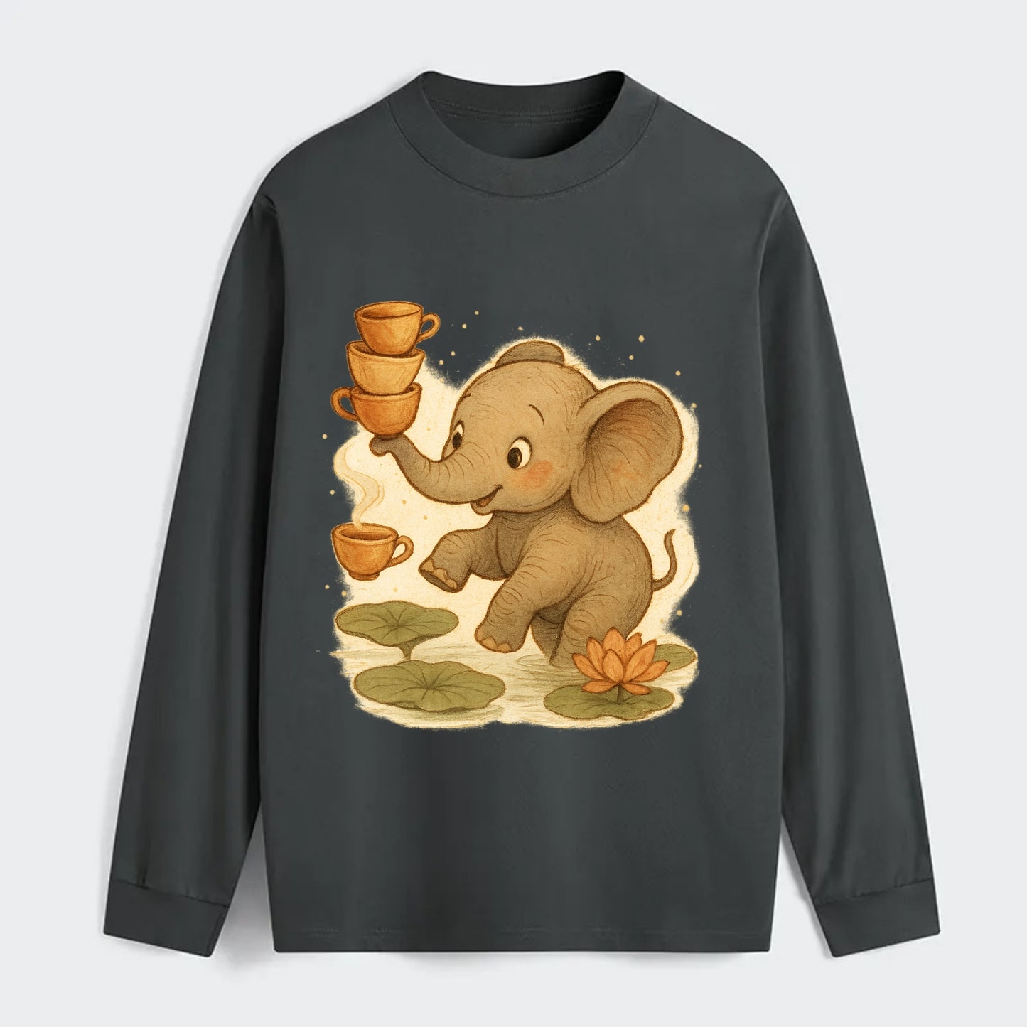 Elephant balancing teacups during a floating tea ceremony beside lotus - Classic Long Sleeve Shirt - Gray