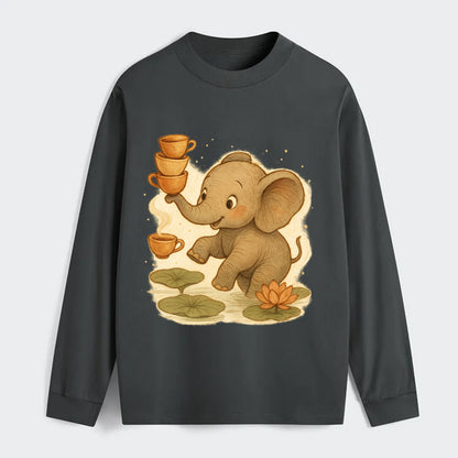 Elephant balancing teacups during a floating tea ceremony beside lotus - Classic Long Sleeve Shirt - Gray
