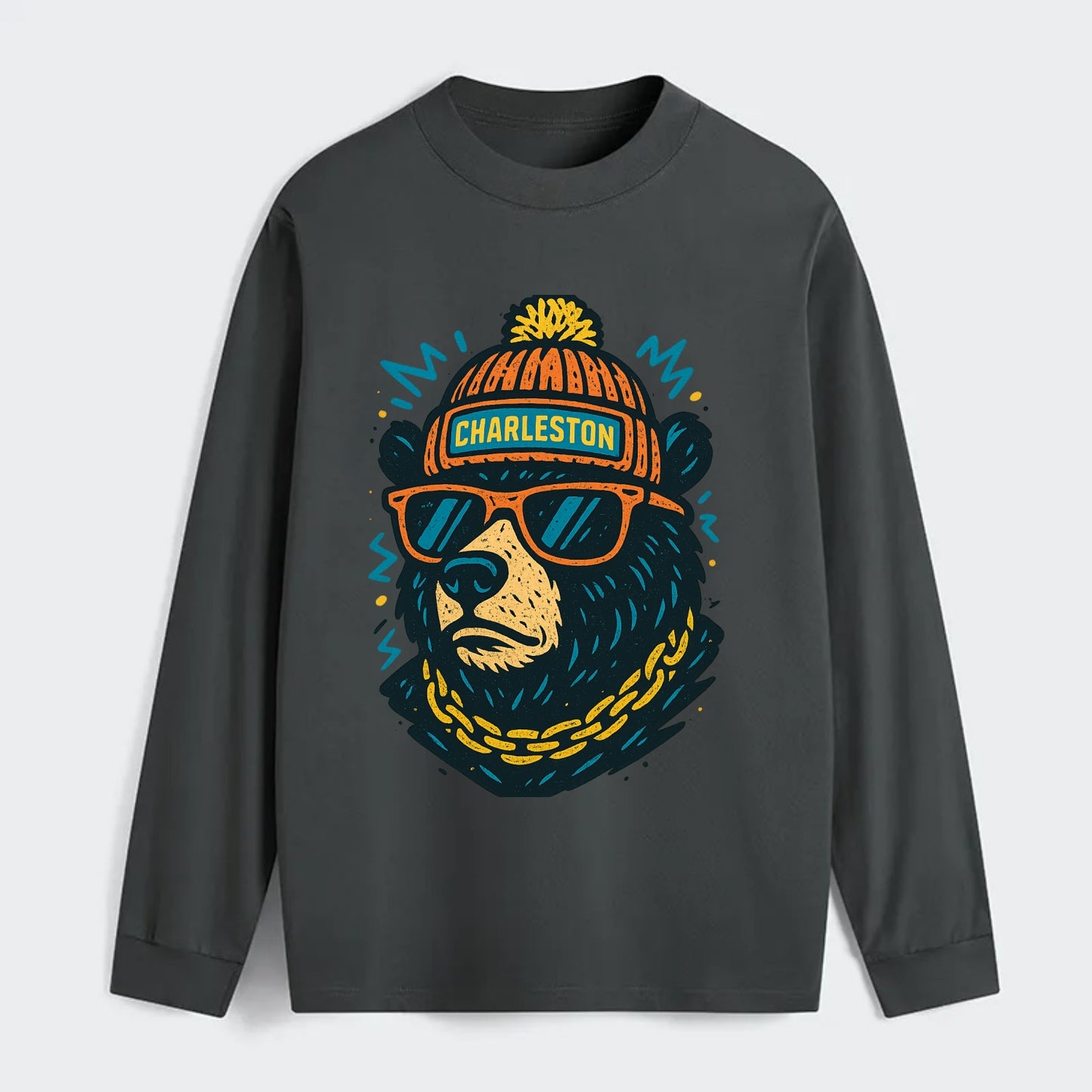 West Virginia Black Bear wearing Charleston beanie with pom pom and - Classic Long Sleeve Shirt - Gray