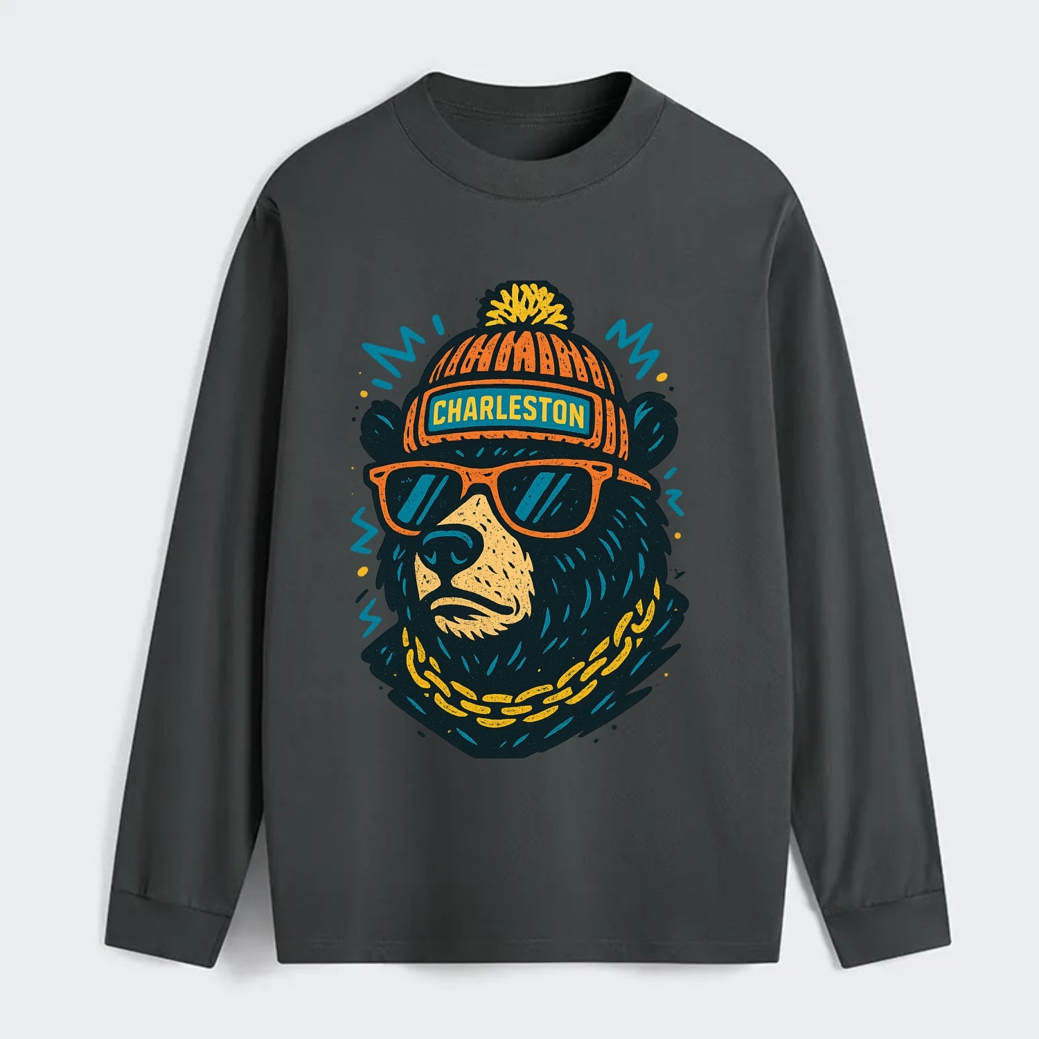 West Virginia Black Bear wearing Charleston beanie with pom pom and - Classic Long Sleeve Shirt - Gray