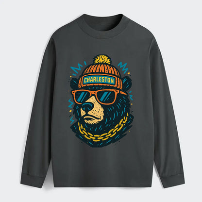 West Virginia Black Bear wearing Charleston beanie with pom pom and - Classic Long Sleeve Shirt - Gray