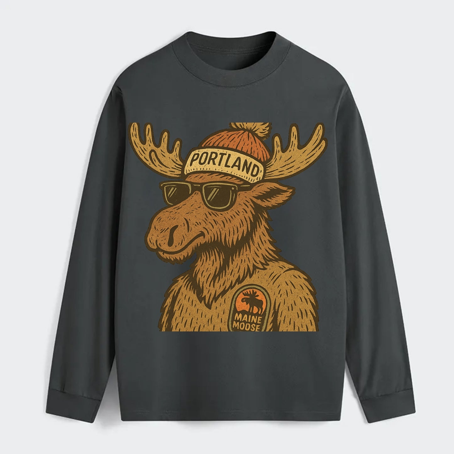 Maine Moose wearing Portland beanie with pom pom and wayfarer sunglasses - Classic Long Sleeve Shirt - Gray