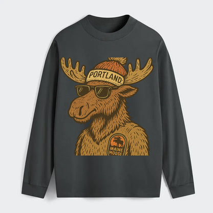 Maine Moose wearing Portland beanie with pom pom and wayfarer sunglasses - Classic Long Sleeve Shirt - Gray