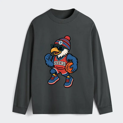 Philadelphia Eagle wearing 76ers red white and blue beanie with bell - Classic Long Sleeve Shirt - Gray