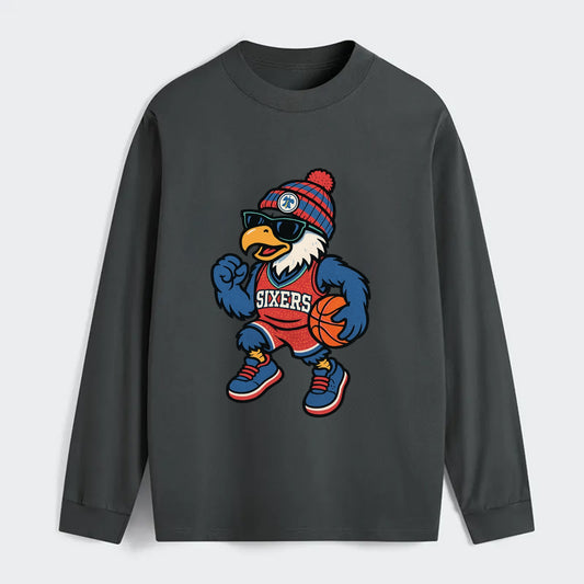 Philadelphia Eagle wearing 76ers red white and blue beanie with bell - Classic Long Sleeve Shirt - Gray