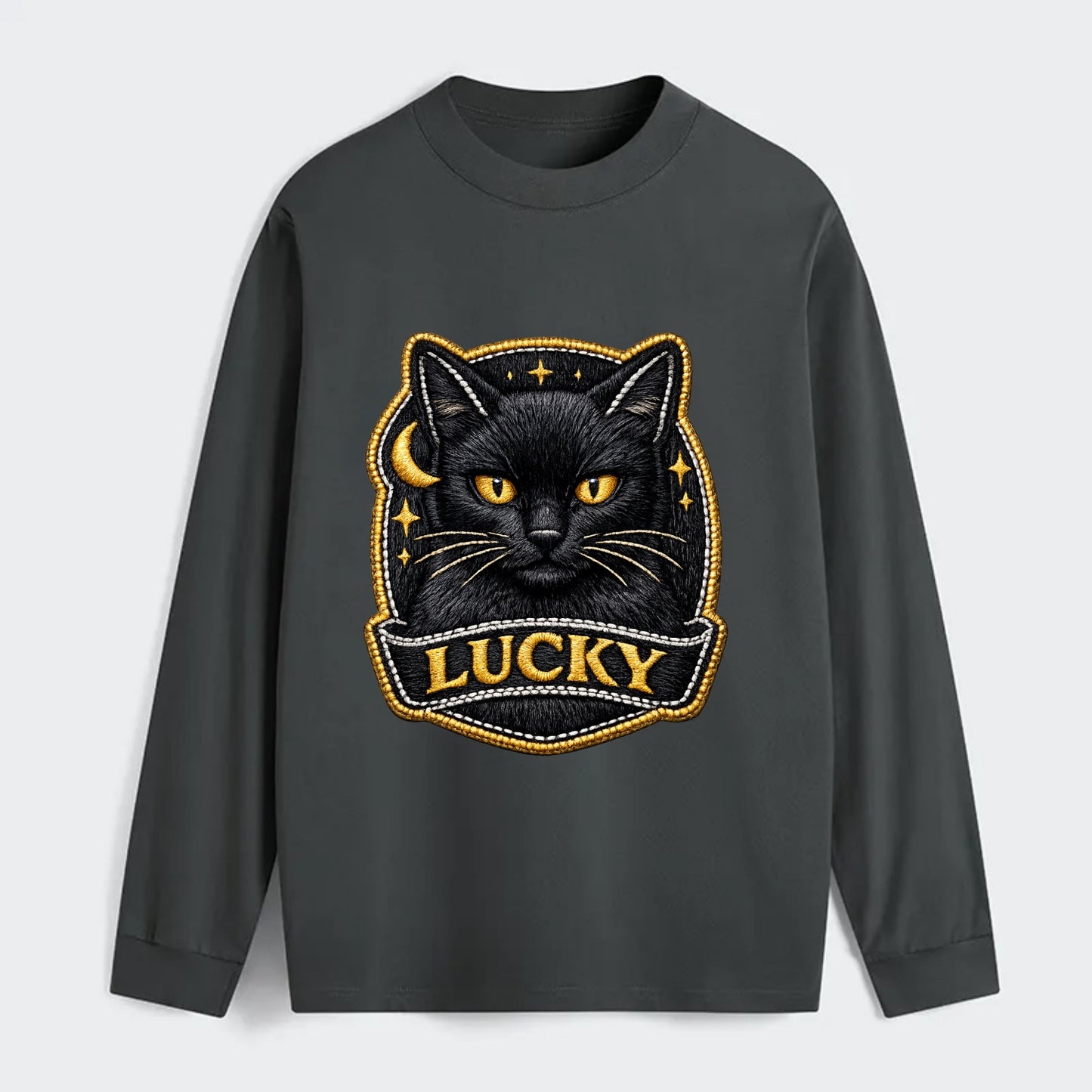 BLACK CAT LUCKY - sleek black cat with gold eyes in black , mysterious - Classic Long Sleeve Shirt - Gray