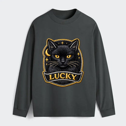 BLACK CAT LUCKY - sleek black cat with gold eyes in black , mysterious - Classic Long Sleeve Shirt - Gray