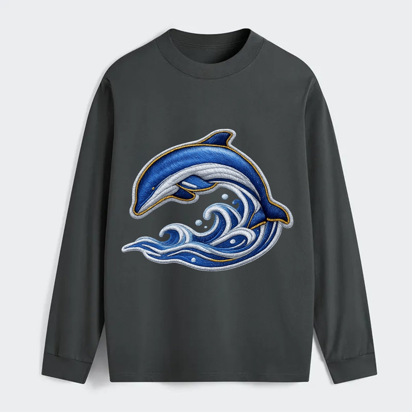 Embroidered patch design - SWIMMING DOLPHIN - diving dolphin with waves - Classic Long Sleeve Shirt - Gray