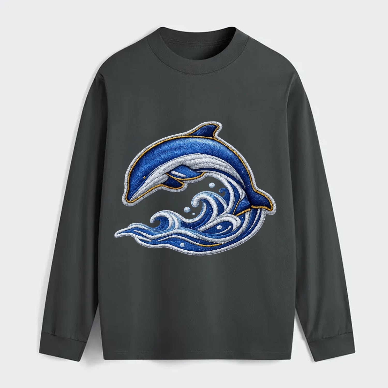Embroidered patch design - SWIMMING DOLPHIN - diving dolphin with waves - Classic Long Sleeve Shirt - Gray
