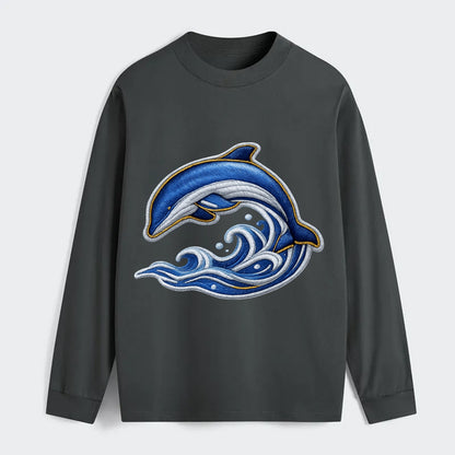 Embroidered patch design - SWIMMING DOLPHIN - diving dolphin with waves - Classic Long Sleeve Shirt - Gray