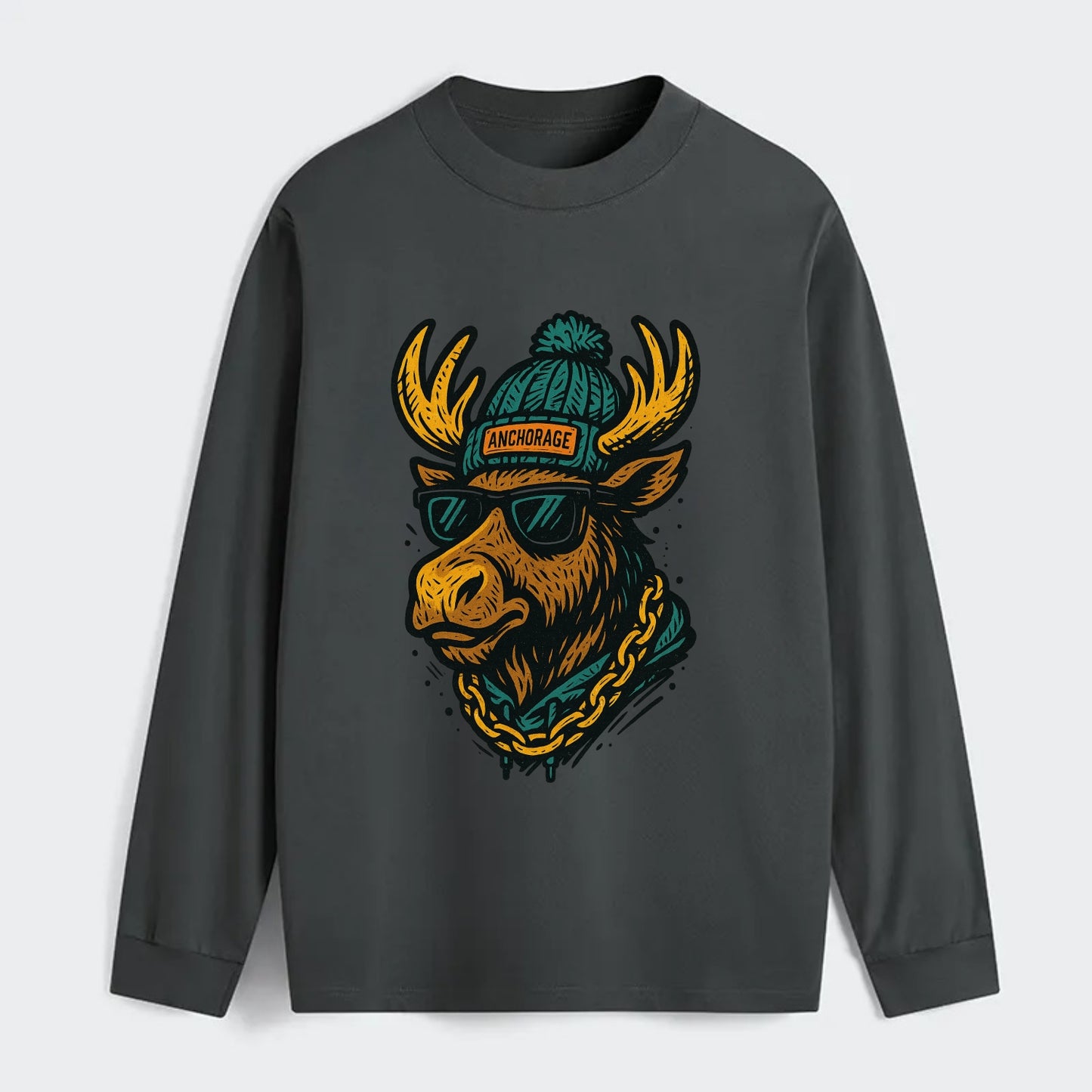 Alaska Moose wearing Anchorage beanie with pom pom and wayfarer - Classic Long Sleeve Shirt - Gray