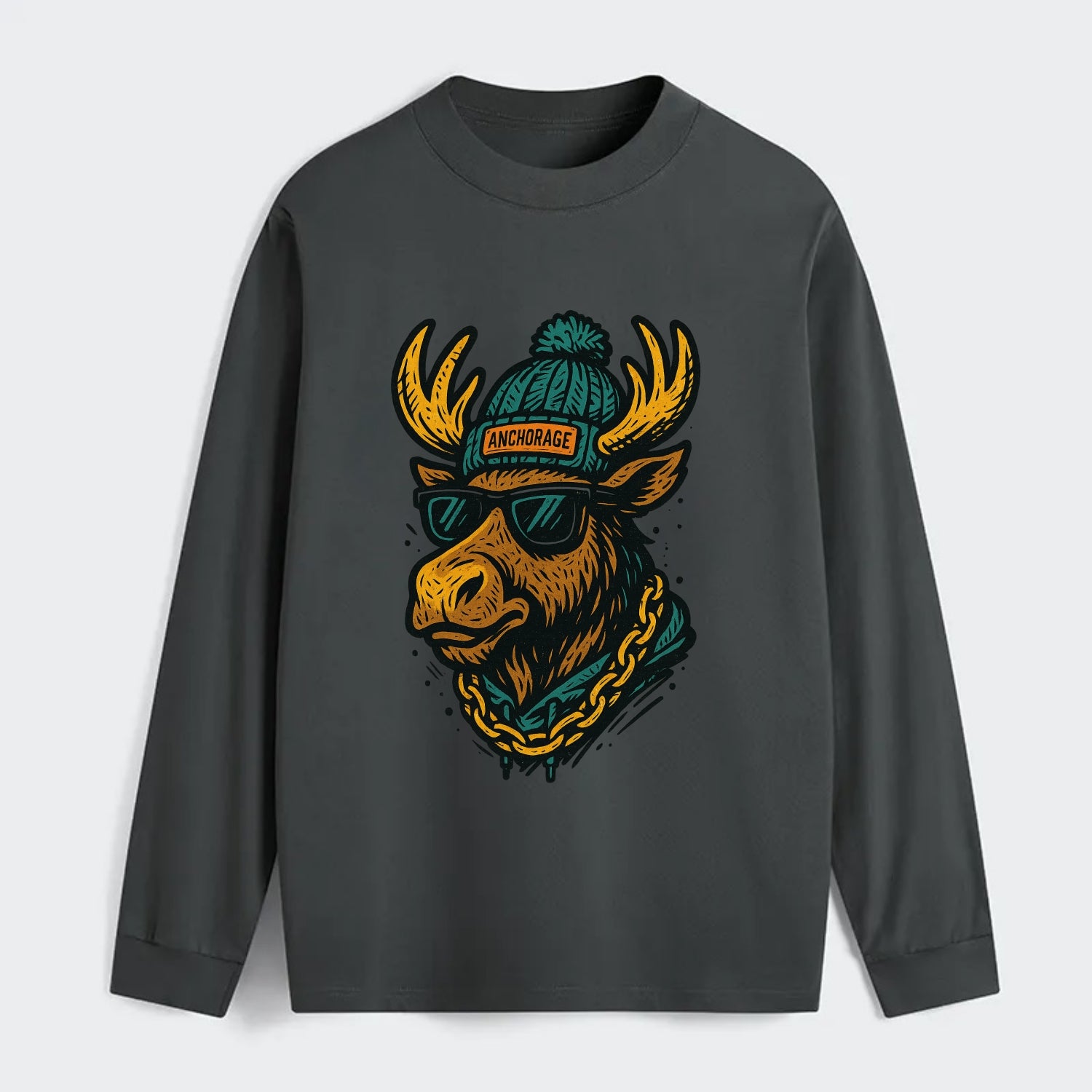 Alaska Moose wearing Anchorage beanie with pom pom and wayfarer - Classic Long Sleeve Shirt - Gray