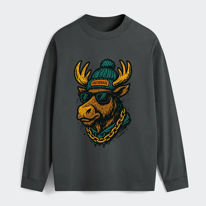 Alaska Moose wearing Anchorage beanie with pom pom and wayfarer - Classic Long Sleeve Shirt - Gray