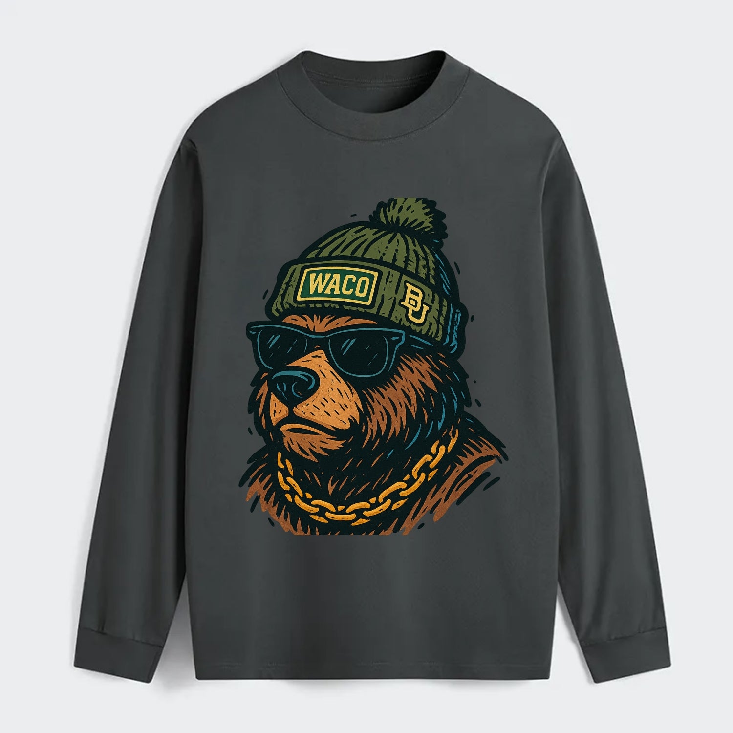 Waco Bear wearing Baylor beanie with BU patch - Classic Long Sleeve Shirt - Gray