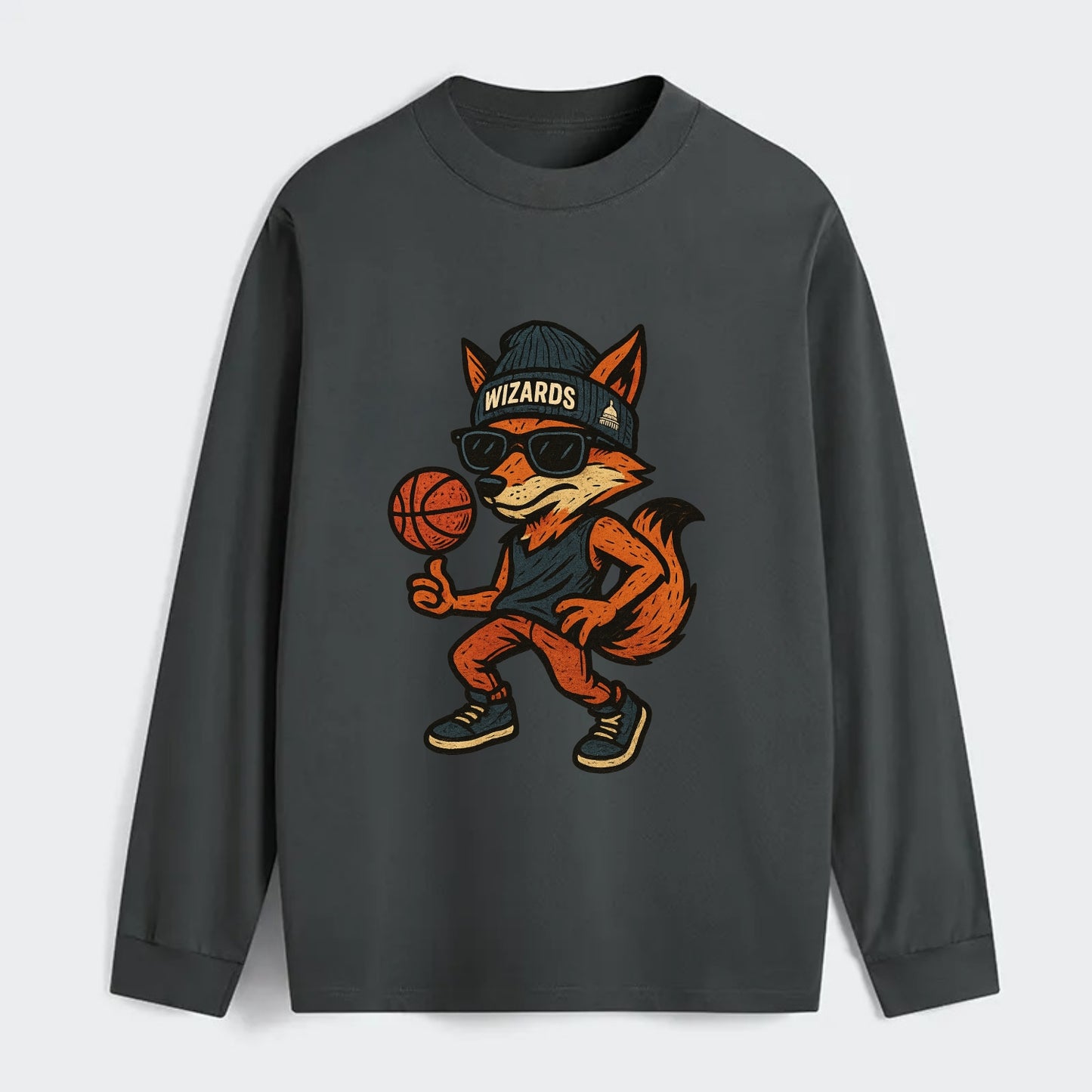 Washington Fox wearing Wizards beanie with capitol patch and wayfarer - Classic Long Sleeve Shirt - Gray