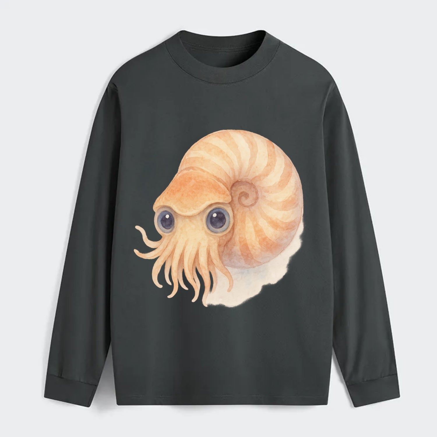 Baby Nautilus - spiral shell, tentacles peeking, ancient eyes, - Classic Long Sleeve Shirt - Gray