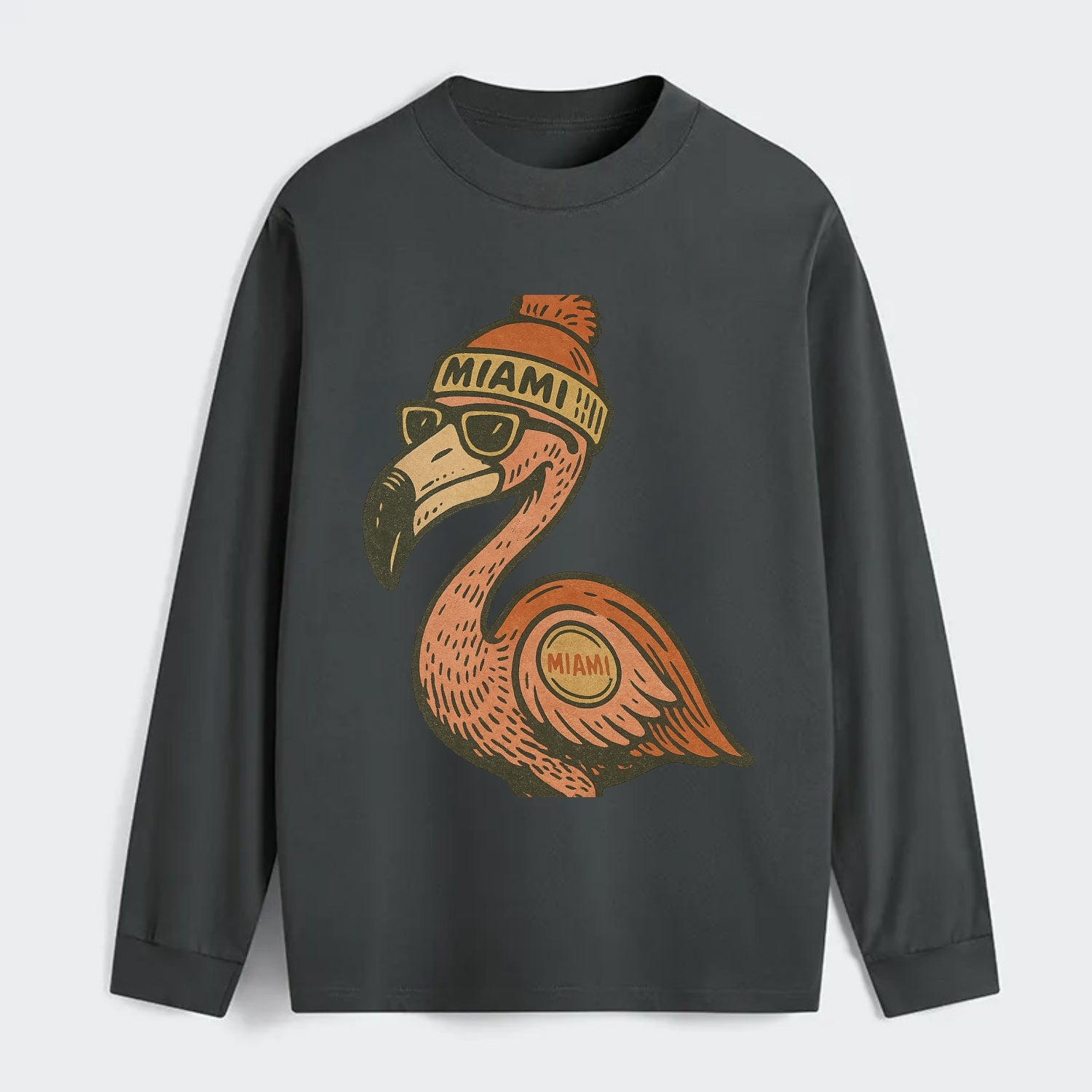 Miami Flamingo wearing Miami beanie with pom pom and wayfarer sunglasses - Classic Long Sleeve Shirt - Gray