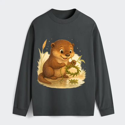 Otter weaving river reeds into a floating crown beside mirror-still - Classic Long Sleeve Shirt - Gray