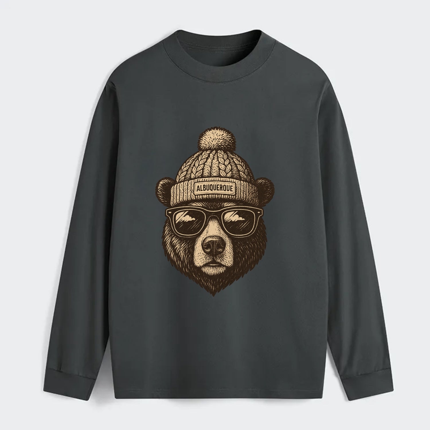 New Mexico Black Bear wearing Albuquerque beanie with pom pom and - Classic Long Sleeve Shirt - Gray