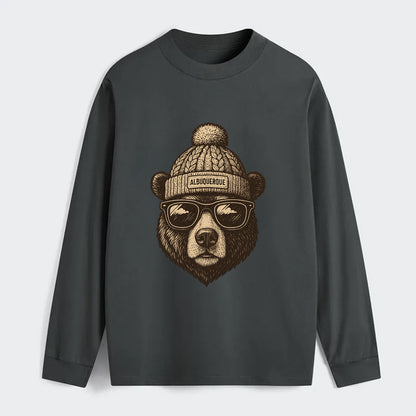New Mexico Black Bear wearing Albuquerque beanie with pom pom and - Classic Long Sleeve Shirt - Gray