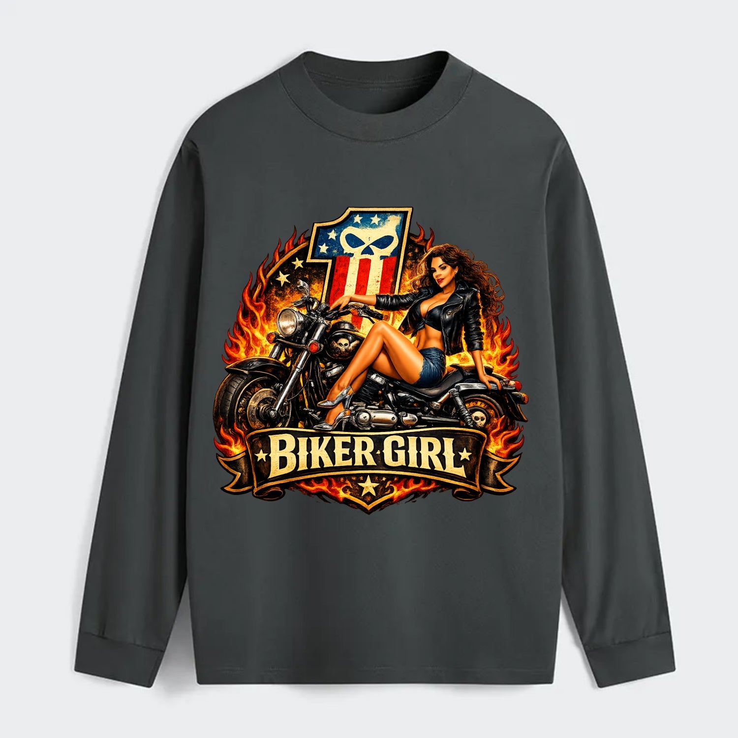 Vintage Biker Pin Up - Classic Long Sleeve Shirt - Gray