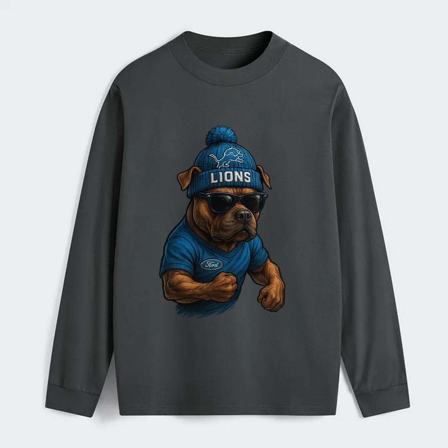 Detroit Pitbull wearing Lions beanie with auto patch and wayfarer - Classic Long Sleeve Shirt - Gray
