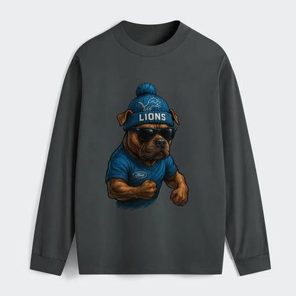 Detroit Pitbull wearing Lions beanie with auto patch and wayfarer - Classic Long Sleeve Shirt - Gray