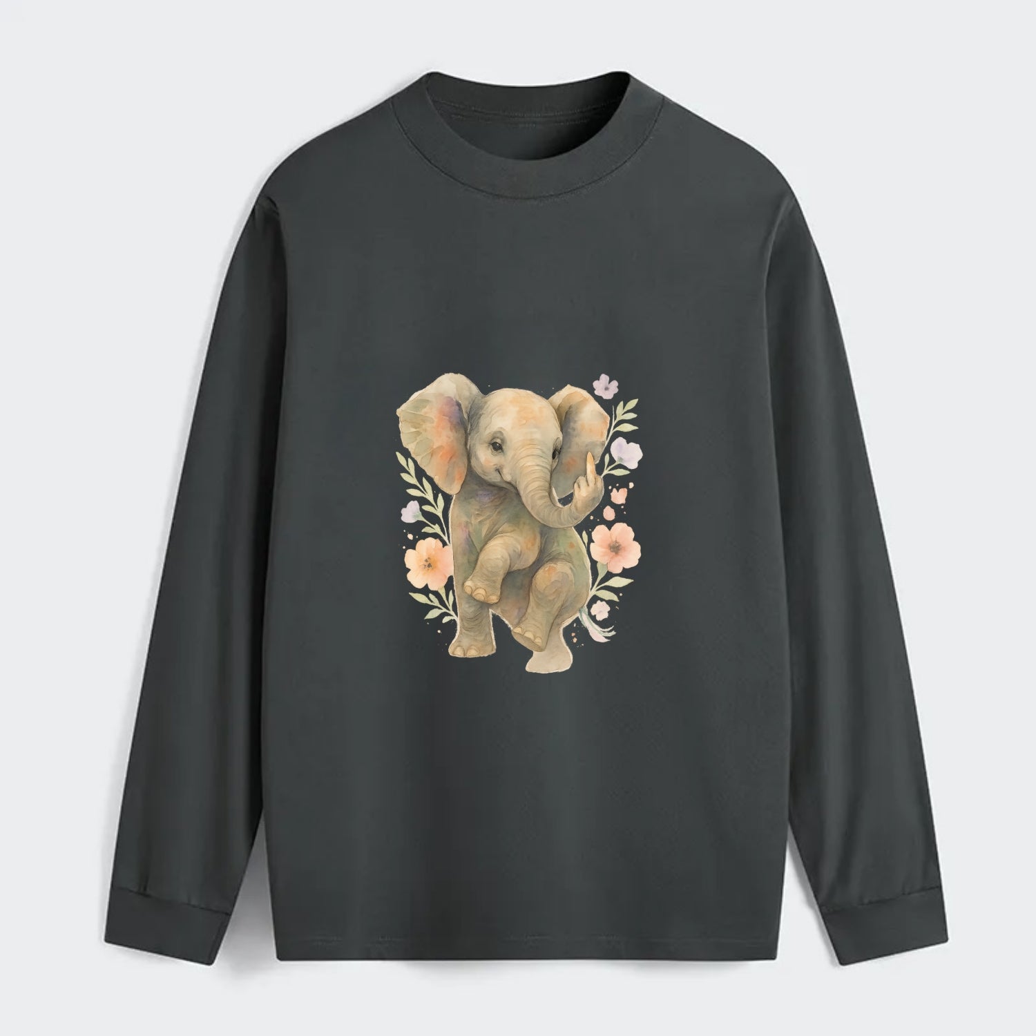 baby elephant with trunk up, one foot raised with middle toe extended - Classic Long Sleeve Shirt - Gray
