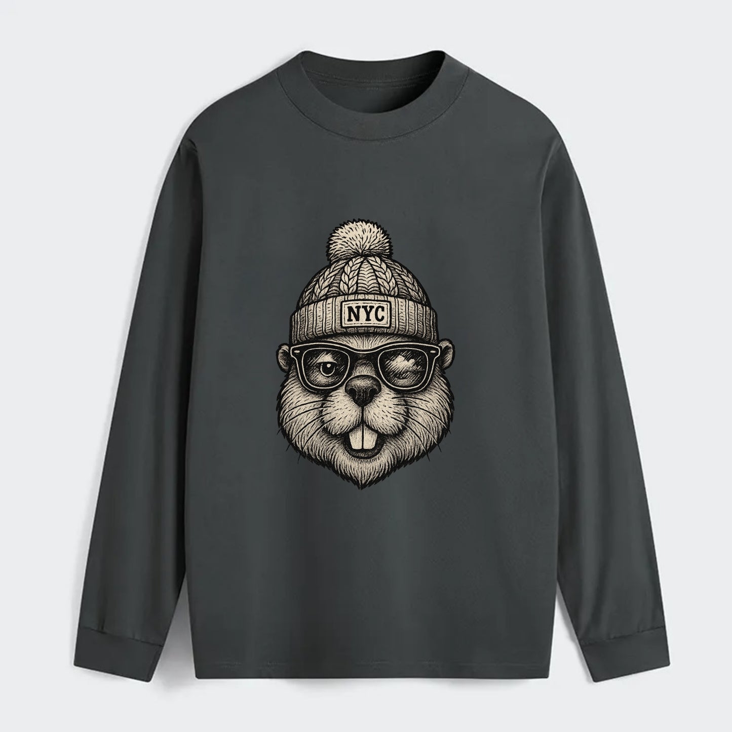 New York Beaver wearing NYC beanie with pom pom and wayfarer sunglasses - Classic Long Sleeve Shirt - Gray