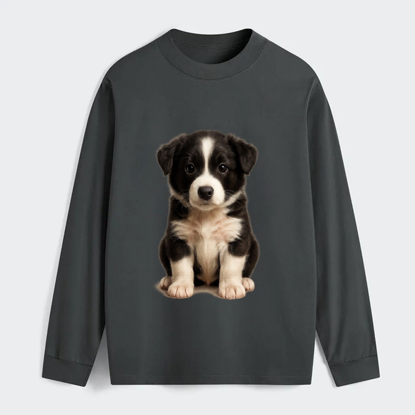 Baby Border Collie Puppy - black and white, intense smart eyes, - Classic Long Sleeve Shirt - Gray