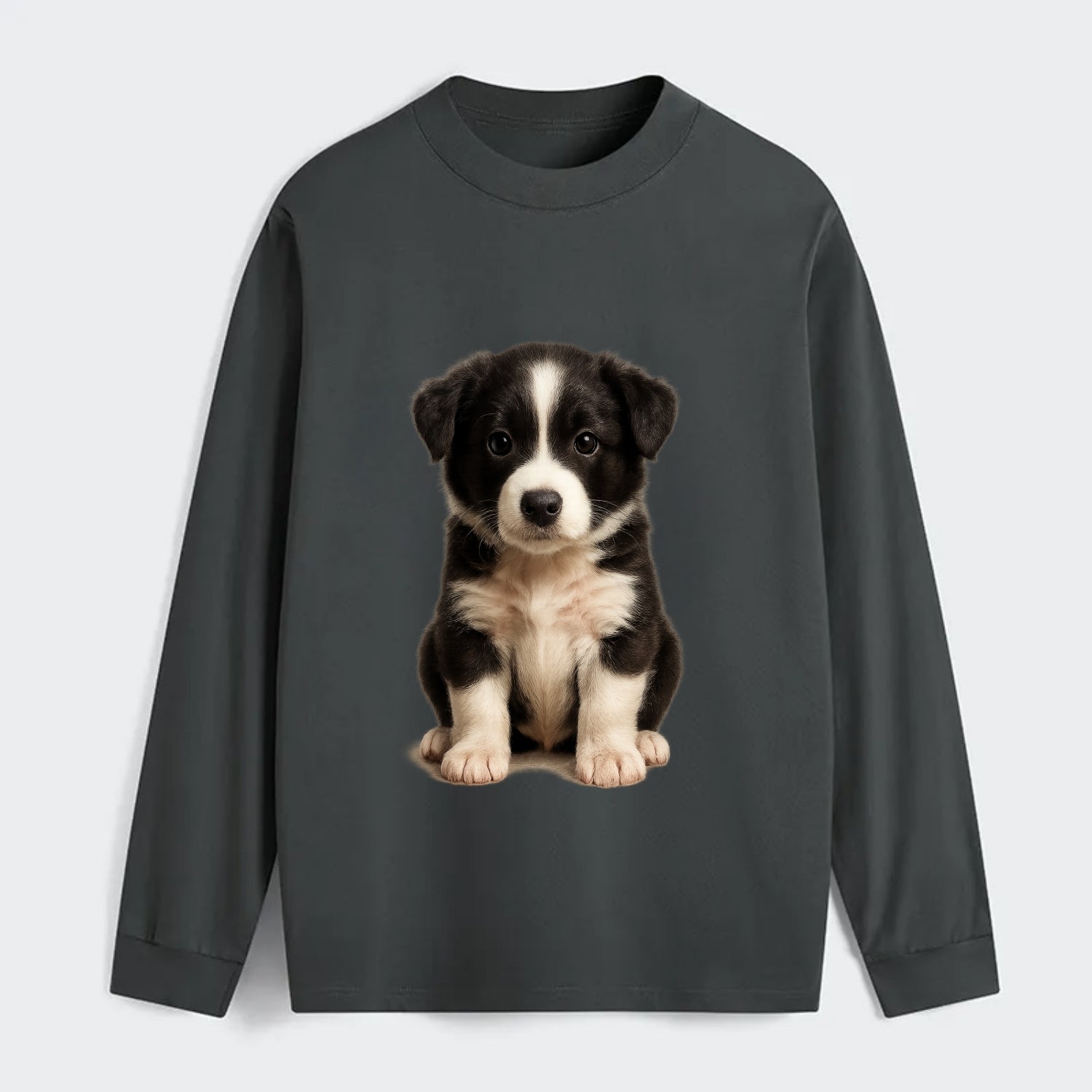 Baby Border Collie Puppy - black and white, intense smart eyes, - Classic Long Sleeve Shirt - Gray